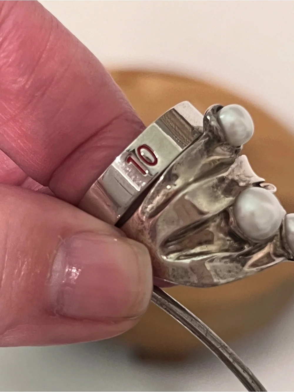 Hagit Gorali Israel 925 Sterling Silver Pearl Wide Band Vines Ring Size 10